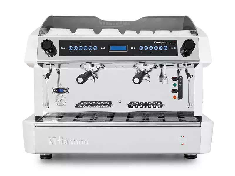 Davant view of the Fiamma Compass 2 dB TC professional coffee machine, showing two group heads, steam wands, hot water dispenser, control panel with buttons and a digital display.